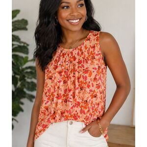 LOFT Floral Sleeveless Blouse XS Peach Orange Pleated Keyhole Top Blouse